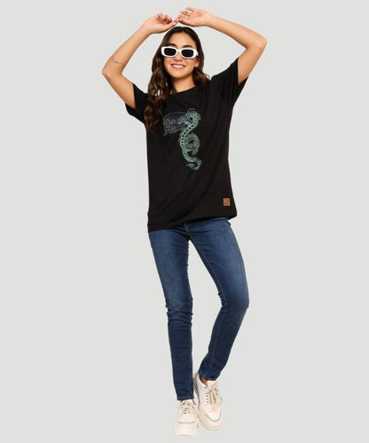 Women's Black Graphic Print Half Sleeves Oversized Fit T-Shirt