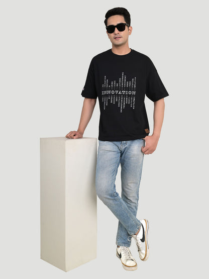 Men's Typography Round Neck Pure Cotton Oversize Black T-shirt